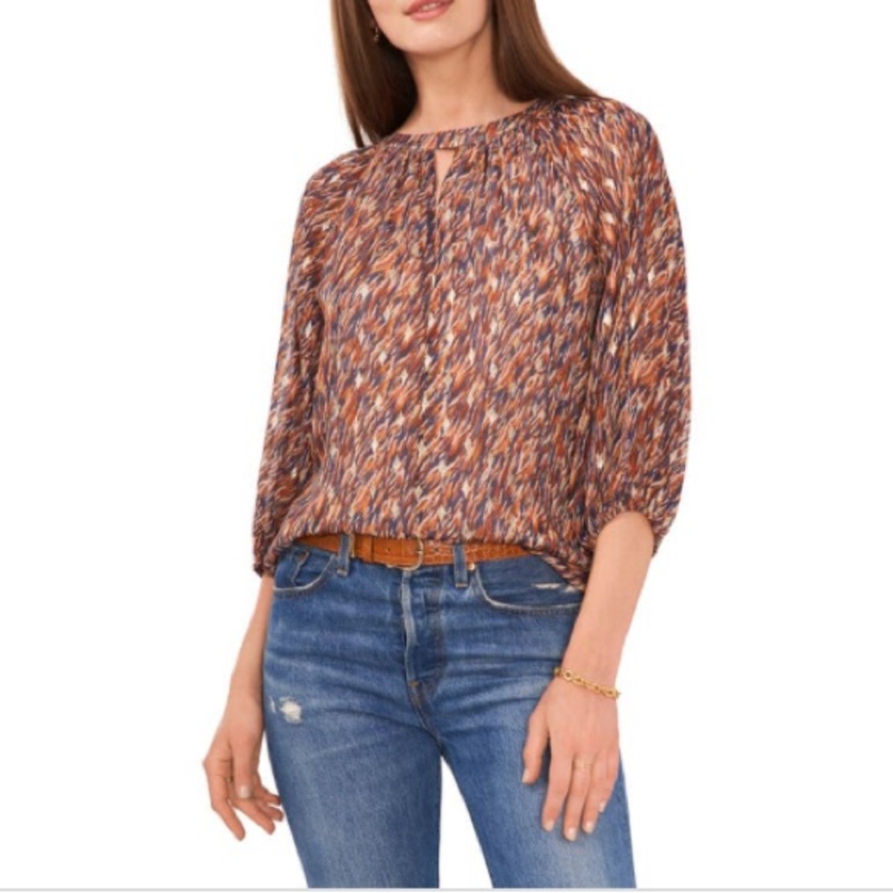NWT Vince Camuto Keyhole 3/4 Puff Sleeve Blouse Indigo Blue Gold Sz L